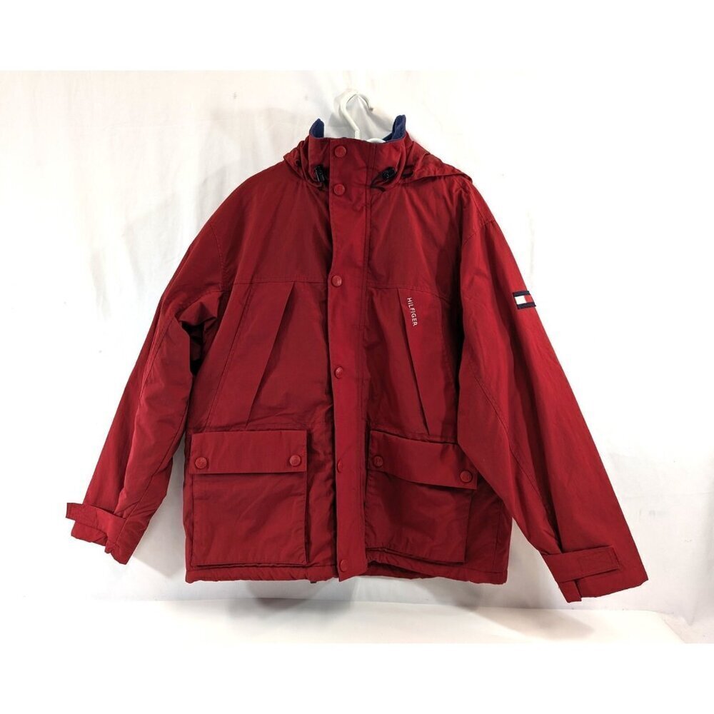 Tommy Hilfiger Red Front Pocket Jacket Polyester Fleece Lining Mens Size Large